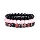 FESTIVUS Lot de 3 Bracelets élastique en rhodonite quartz rose et agate noire 8mm