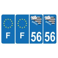 Lot de 4 Autocollants Plaque d'immatriculation Voiture 56 Carte Bretagne & F Europe