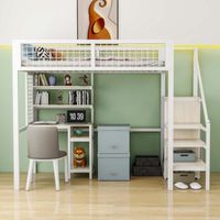 ModernLuxe Lit mezzanine 90x200 cm avec bureau, étagères, escalier et armoire, cadre en métal, blanc + naturel