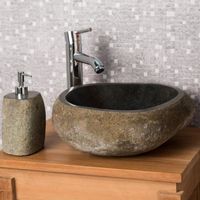 Vasque à poser en pierre naturelle - WANDA COLLECTION - Galet 30 cm - Gris - Ovale - A poser