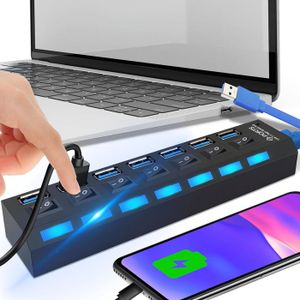 RETOO Hub USB Avec Interrupteur D'alimentation Et LED, Hub De Données Actif Pour Le Chargement Et Le Transfert De Données, Ordinateur Portable, MacBook Air, Powerbank (7 Ports 2.0), Noir, (M060B