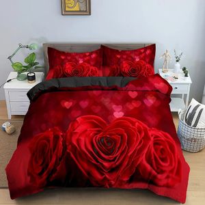 Parure De Lit 3 Pièces Rose 3D Fleurs Rouges Et Cœurs - Housse De Couette Romantique 220x240 Cm