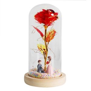 FLEUR ARTIFICIELLE B base en bois rouge - Rose éternelle LED en verre