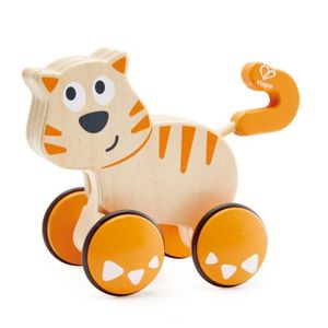 JOUET À TIRER HAPE - Jouet en bois à roulettes - E0363 - Dante le chat qui trottine. Mécanisme intelligent qui fait rouler le jouet vers l'avant