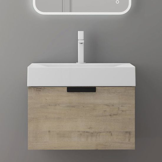 Meuble De Salle De Bains Suspendu 2 Pièces Avec Lavabo 80 Cm - Marron Clair, Tiroirs Soft-close, Design Salerno
