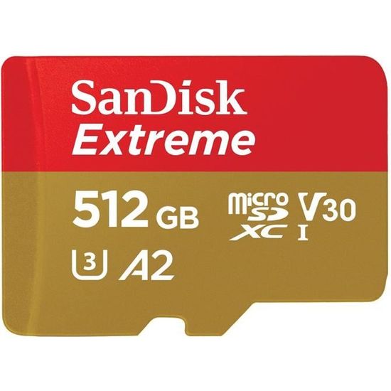 Carte mémoire microSDXC SanDisk Extreme 512 Go + adaptateur SD jusqu'à 160 Mo-s, avec la Classe de vitesse UHS 3 (U3), V30 