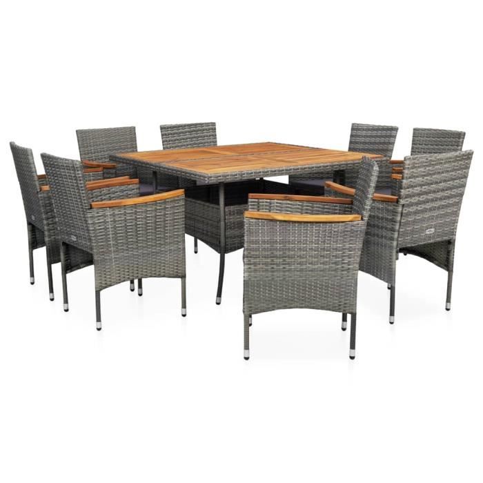 Mobilier d'extérieur 9 pcs Gris Résine tressée et bois d'acacia-GXU