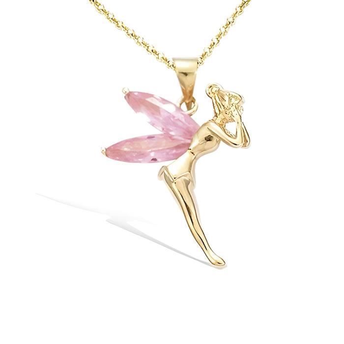 Chaîne Forçat 45 cm et Pendentif Fée Clochette Cristal Rose Or Jaune GF 750*