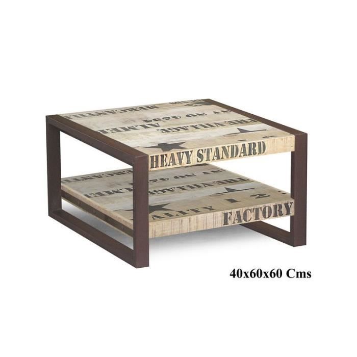 Table basse industrielle 60x60cm - Bois massif de manguier brut - Fer et bois imprimé - FACTORY #125