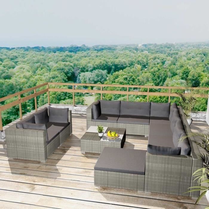 Mobilier de jardin 10 pcs avec coussins Résine tressée Gris