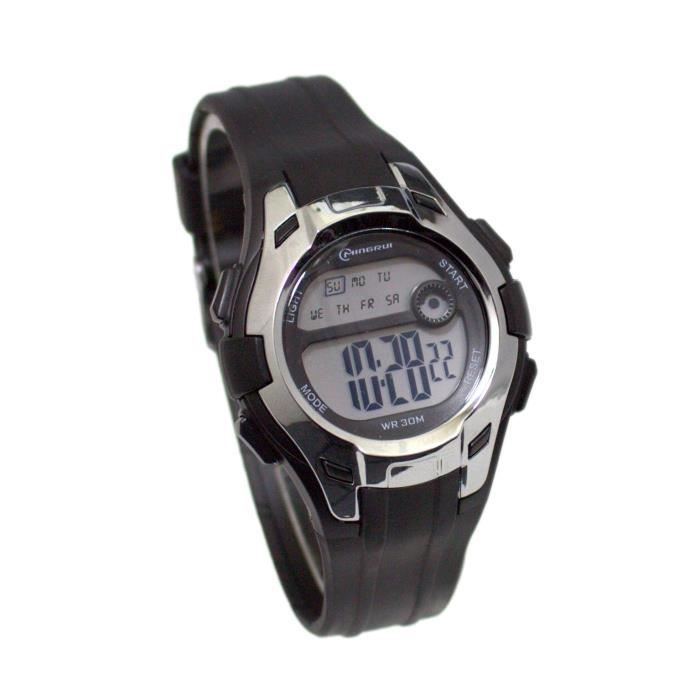 Montre femme sport quartz digitale noire sport chrono alarme etanche