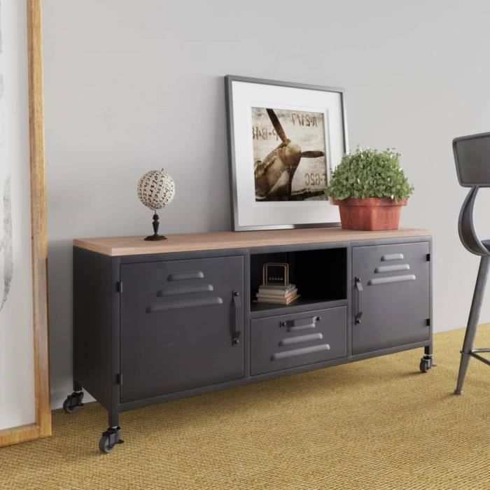 Meuble TV Noir 110x30x43 cm Fer et bois de pin massif - DIO7