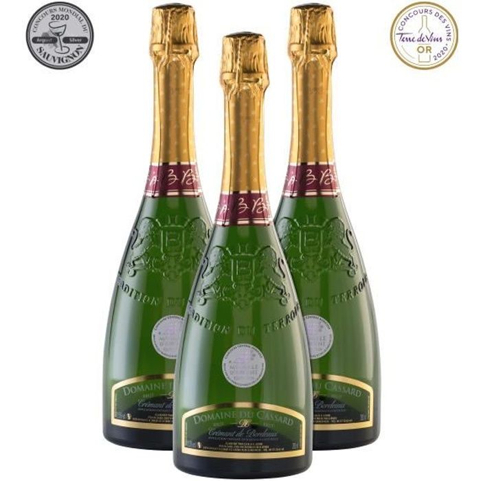 Lot de 3 bouteilles Crémant de Bordeaux Blanc Brut Domaine du Cassard- Médaille d'or au concours Terre de Vin