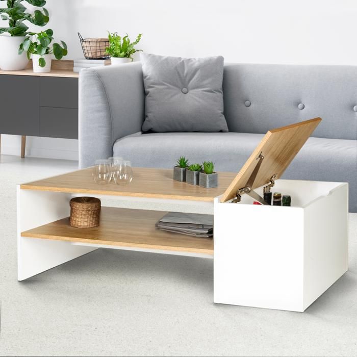 Table basse bar bois et blanc IZIA contemporaine avec coffre