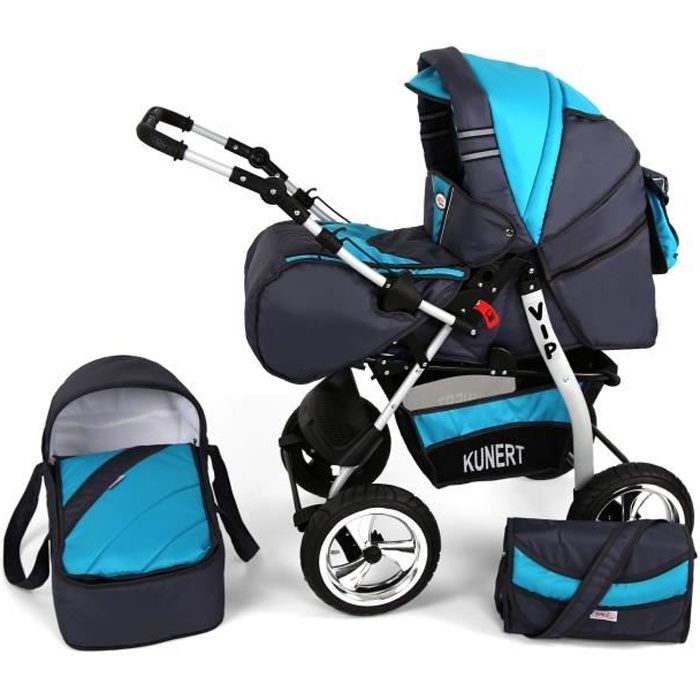 Poussette / Landau combiné 2en1 multifonctions bébé enfant 0-36m avec équipement Roues en mousse Volver - Graphite et Turquoise.
