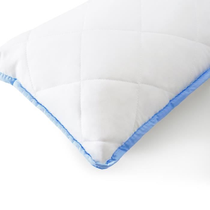 Oreiller 60x40 polyester housse microfibre matelassée bords bleus oreiller semi-ferme othopédique soutien confort pour nuit paisible