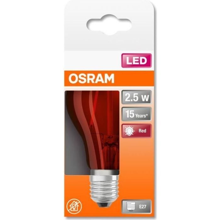 OSRAM Ampoule LED Standard verre rouge déco - 2,5W équivalent 15 E27 - Blanc chaud