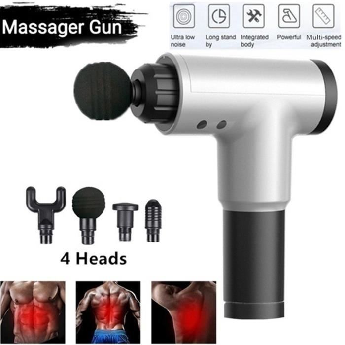 Musle Massage Gun Silencieux Corps Relax Muscle Handheld Massager Pistolet, Dispositif de Vibration Musculaire Sans Fil avec 4 Têtes