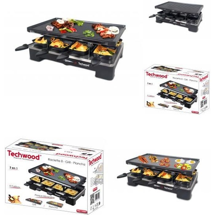 Appareil Raclette-Grill-Plancha réversible, 1400 W, Inclus : 8 poêlons, Noire