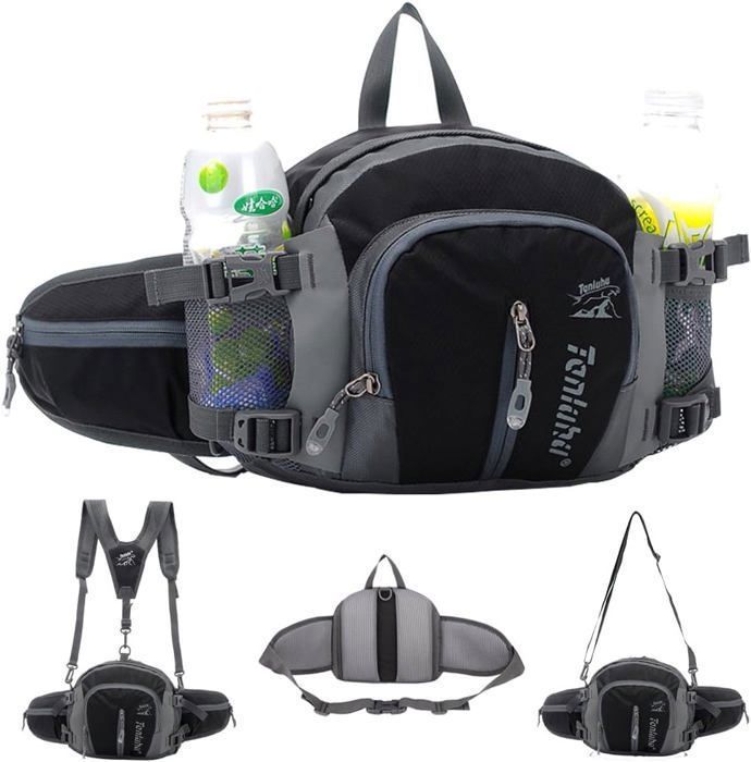 Sports Taille Pack Pack randonnée Taille Sac en Toile Taille Camping Packs Escalade sacoches avec Porte-Bouteille - Noir