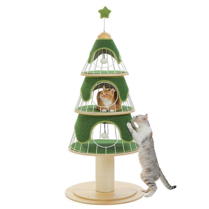 Comparer les prix de PAWZ Road Arbre à Chat de Noël, Tour Festive de 130 cm avec Poteau à Griffer en Sisal 14 cm & 3 Grandes Niches, Vert Sapin