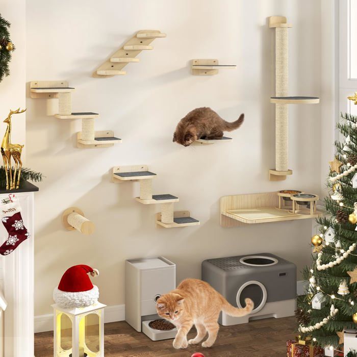 Comparer les prix de Lot De 8 Murs D'Escalade Pour Chat,Arbre À Chat Mural Avec 1 Escalier/2 Plates-Formes Et 2 Échelles Avec Tapis Antidérapants/1 Pot