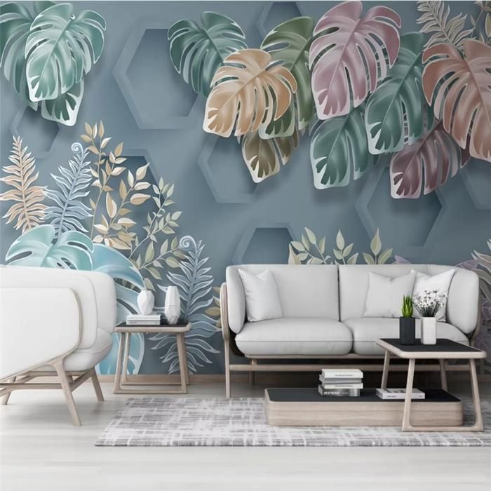 Papier Peint Panoramique 3D tropical plantes feuilles fond d'écran ...