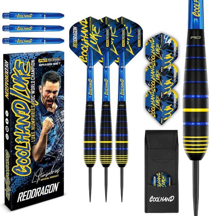 Fléchettes Red Dragon Luke Humphries Coolhand 22g Laiton - Édition Torpille + Ailettes + Tiges + Porte-Fléchettes - Jeu Complet