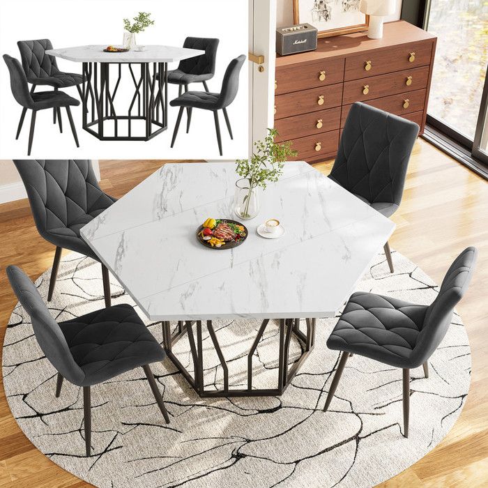 Table Salle à Manger Hexagonale Noir + 4 Chaises Velours Gris - Pieds Noir Branche - MDF Motif Marbre pour Salle à Manger Élégante