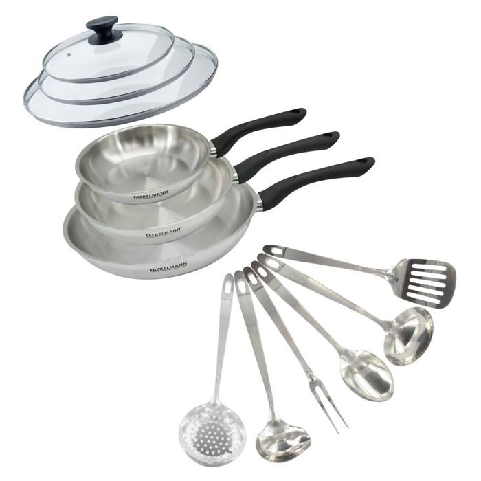 Set 3 poêles 20 24 et 28 cm en inox couvercles verre et 6 ustensiles inox Fackelmann Geneva Set 3 poêles 20 24 et 28 cm en inox couvercles verre et 6 ustensiles inox Fackelmann Geneva