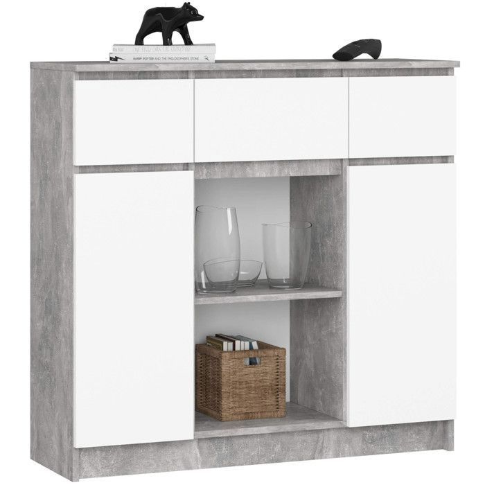 Commode AKORD K100 Béton 101 cm 2 portes 3 tiroirs façade Blanche 6 étagères 101x35x98 cm Commode AKORD K100 Béton 101 cm 2 portes 3 tiroirs façade Blanche 6 étagères 101x35x98 cm