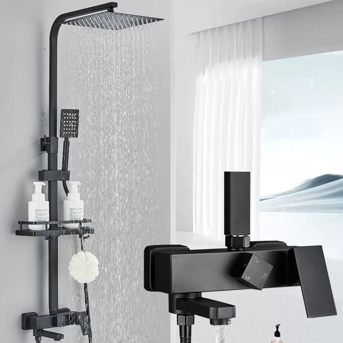 Colonne de Douche Noir Système de Douche Réglable Mural Set Kit de Douche avec Mitigeur de Douche pour Salle de Bain Set 80-116cm