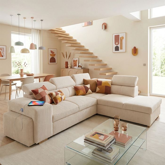 SIRIUS Canapé dangle reversible convertible blanc PERLE (velours côtelé ) - Taille L - 5 places - 267 x 218 x 94