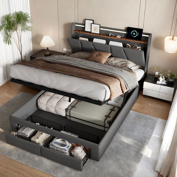 Lit coffre 160 x 200 cm avec 2 tiroirs Lit Capitonné avec LED et USB  Structure lit avec tête de lit rembourrée Lin Gris foncé
