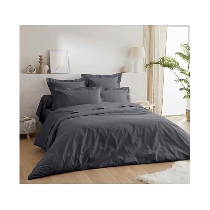 Parure de draps 5 Pieces Unie-lit 2 Personnes 180 x 200 cm 100% Coton 57 Fils HAUTE QUALITE GRIS