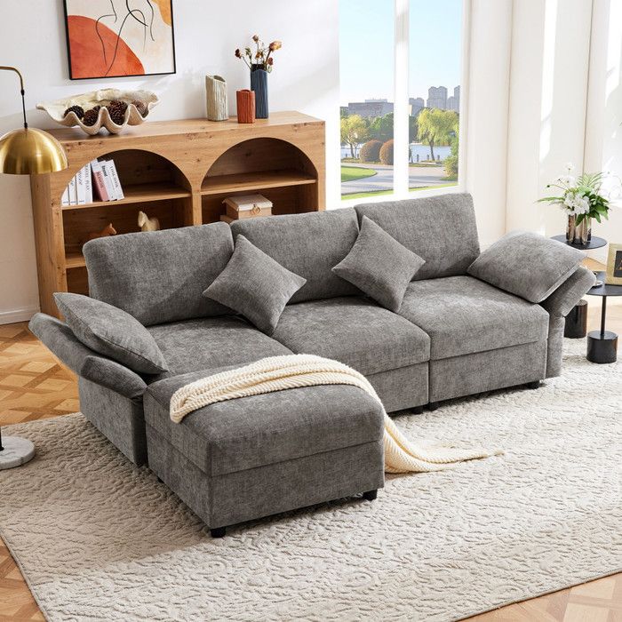 Canapé dangle en L - 3 places - Avec repose-pieds - 4 coussins - Accoudoirs réglables - Gris Canapé dangle en L - 3 places - Avec repose-pieds - 4 coussins - Accoudoirs réglables - Gris