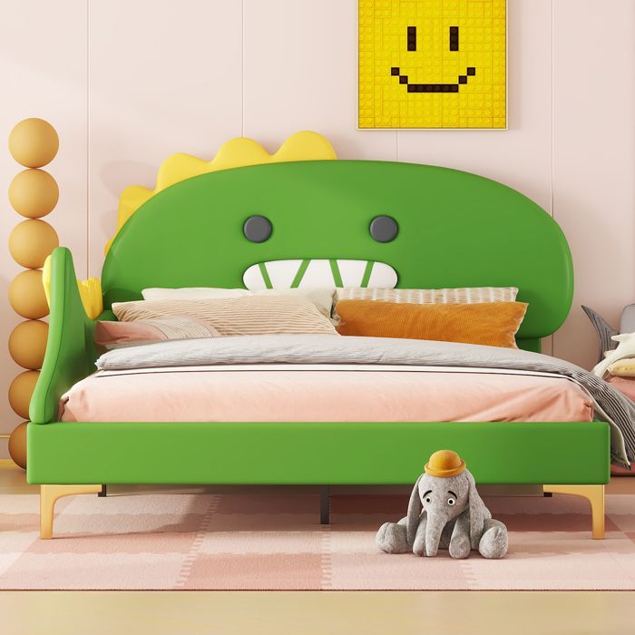 140*200cm lit denfant forme de dinosaure de dessin animé lit plat matériel PU vert