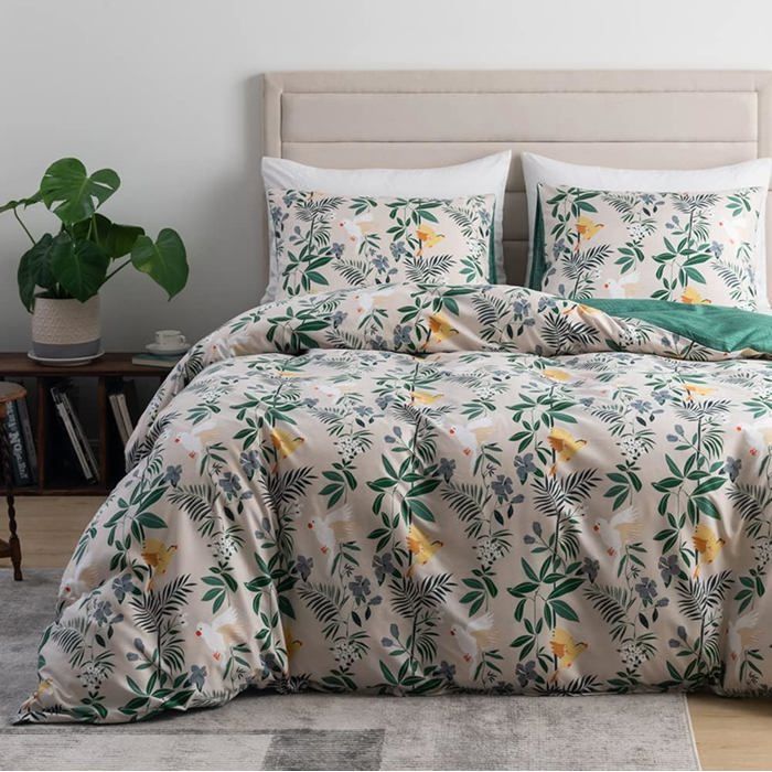 Housse de Couette 240x260 cm Motif Feuilles Beige Vert - Linge de Lit Réversible Adulte avec 2 Taies doreiller 50*75 cm