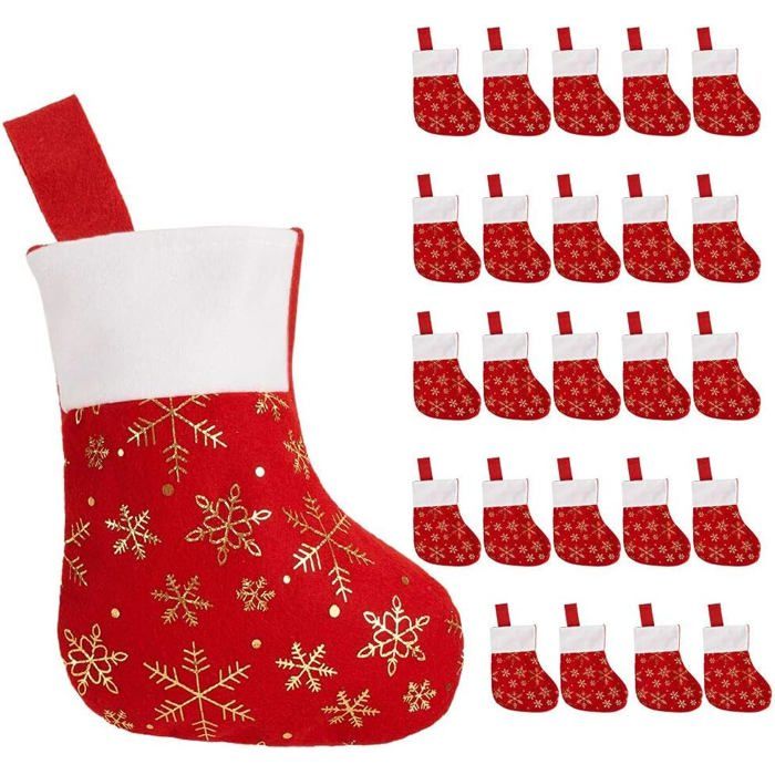 Chaussettes de Noël - Lot de 24 - Flanelle - Rouge - Flocons de neige dorés