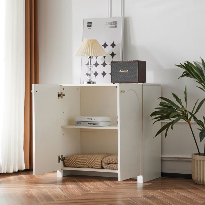 Buffet 80×40×80 cm en panneaux de particules blanc poignées dorées motif en arc — avec rangements