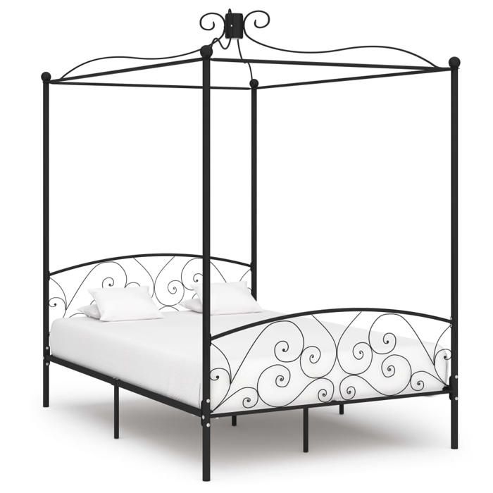 Lit à baldaquin en métal - UU - 140x200 cm - Noir - Métal robuste - Hauteur 28 cm - Design élégant