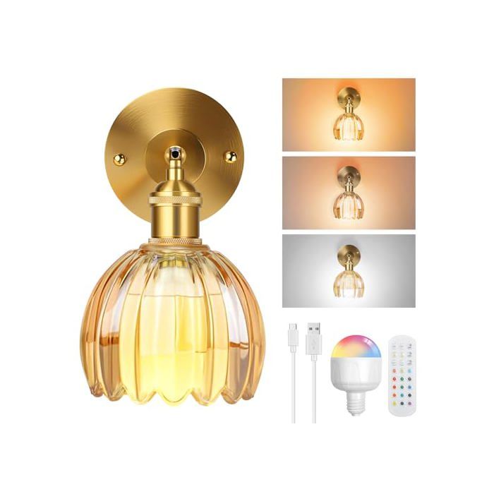 Lampop Lot De 2 Appliques Murales Sans Fil Rechargeables Dorées - 15 Couleurs RGB, Gradateur, Télécommande, Rotation 350° Pour Chambre & Salon
