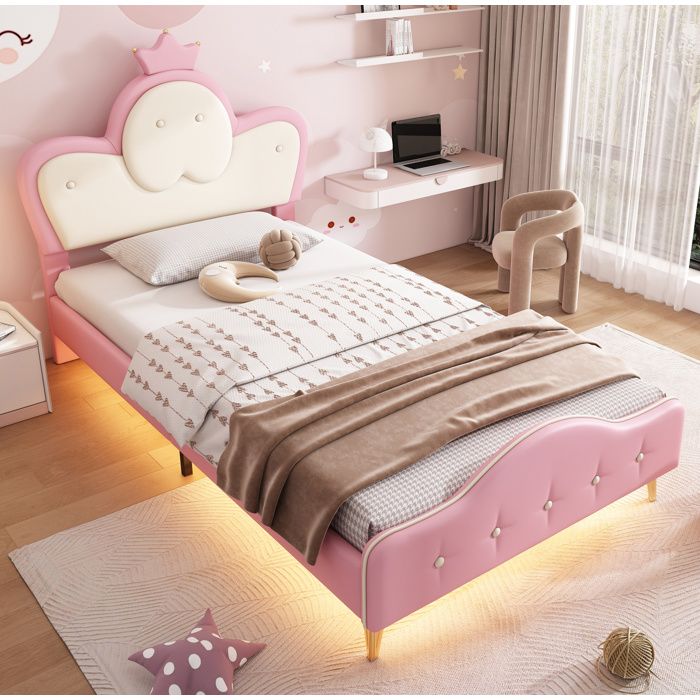 Lit enfant 90x200 cm tête rembourrée éclairage LED bandeau Rose et blanc (Sans matelas)