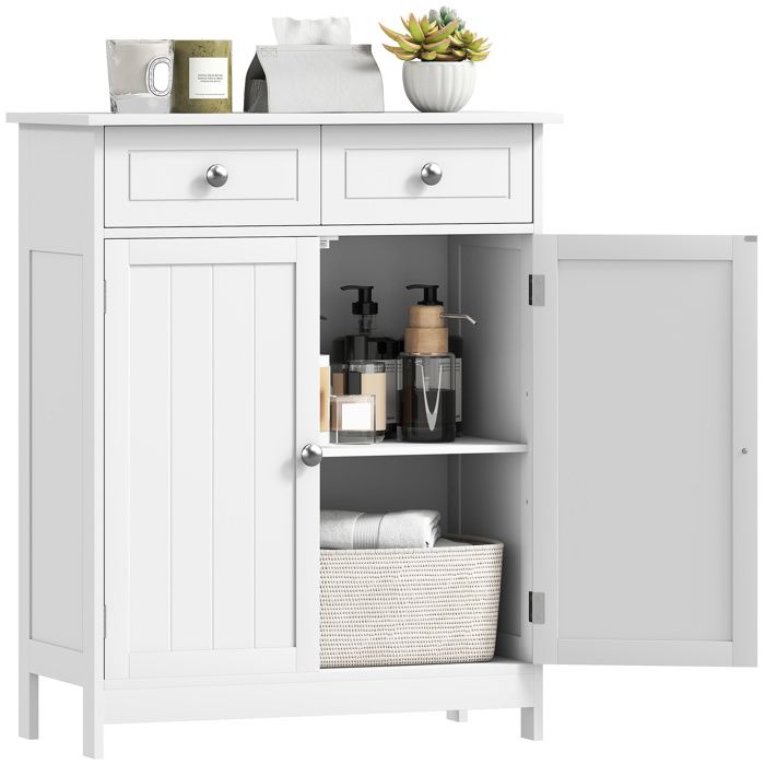 Meuble salle de bain 2 tiroirs placard double porte mdf blanc
