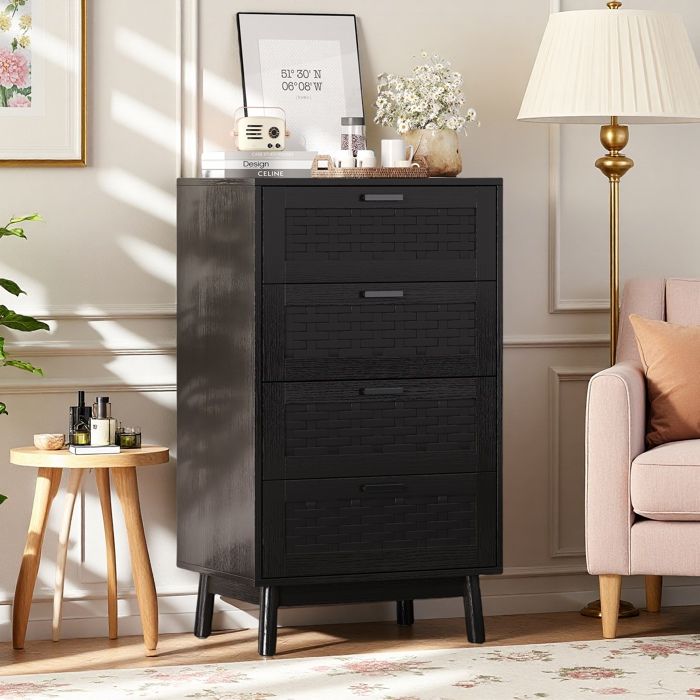 Buffet haut - 4 tiroirs en rotin - Noir - Design contemporain - Espace de rangement optimal