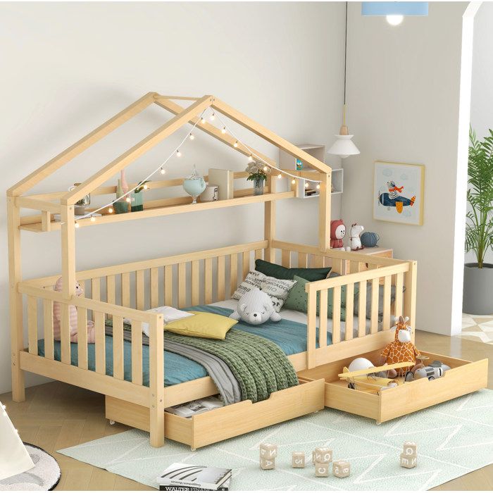Lit cabane enfant 90x200 cm en bois . avec 2 tiroirs. sommier à lattes. sans matelas. antichute. coloris naturel