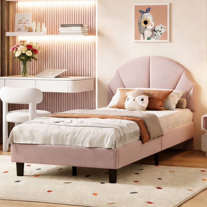 Lit Enfant Fille 90x200 - Lits Princesse avec Tête de Lit Capitonné Réglable -Cadre de Lit Simple avec Sommier -Velours Rose