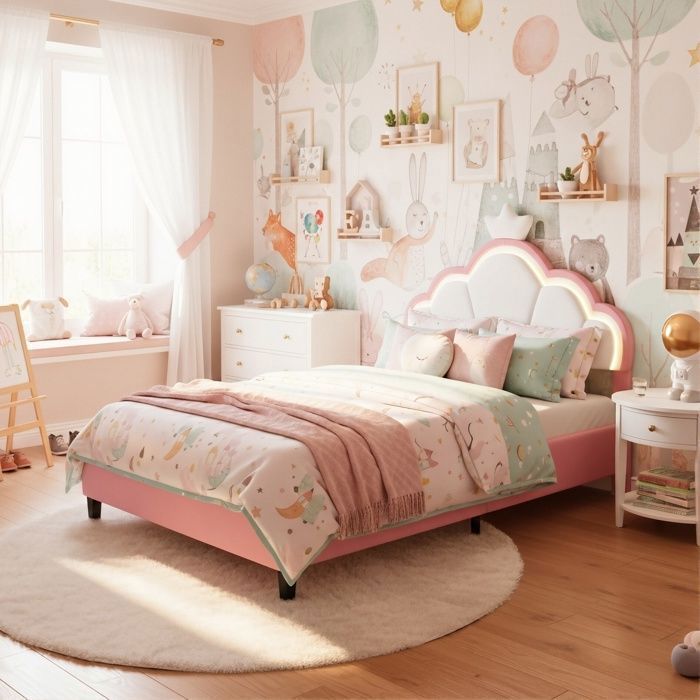 Lit Princesse 140x200cm - Tête de Lit Forme Couronne (Rose & Blanc) - Éclairage LED - Velours Doux - Style Féerique Moderne