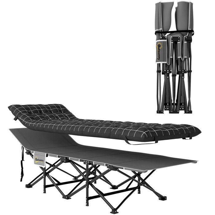 Lit de camping - Outsunny - pliable - avec matelas pochette latérale et sac intégré - métal tissu Oxford - 190 x 67 x 37 cm - Noir