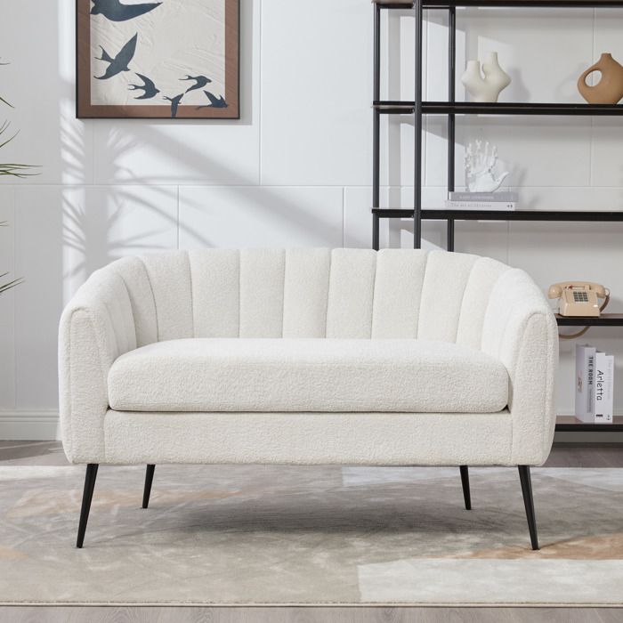 Canapé deux places - HIBA - Mid-Century Modern - Chenille ivoire - Pieds métalliques - Coussin amovible